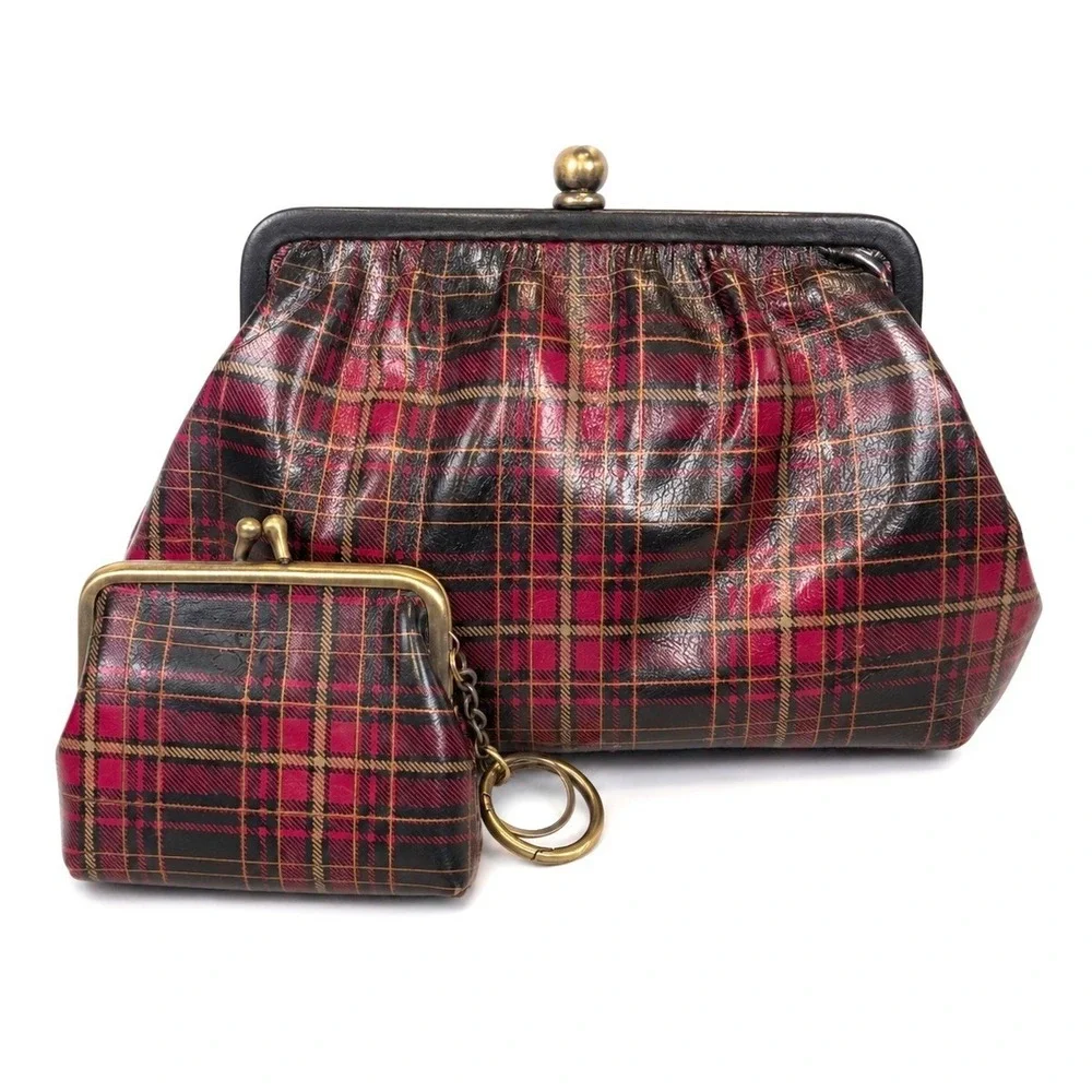 Patricia Nash Tartan Plaid‎ Frame Bag Coin Purse Set Kiss Lock Crossbody Leather